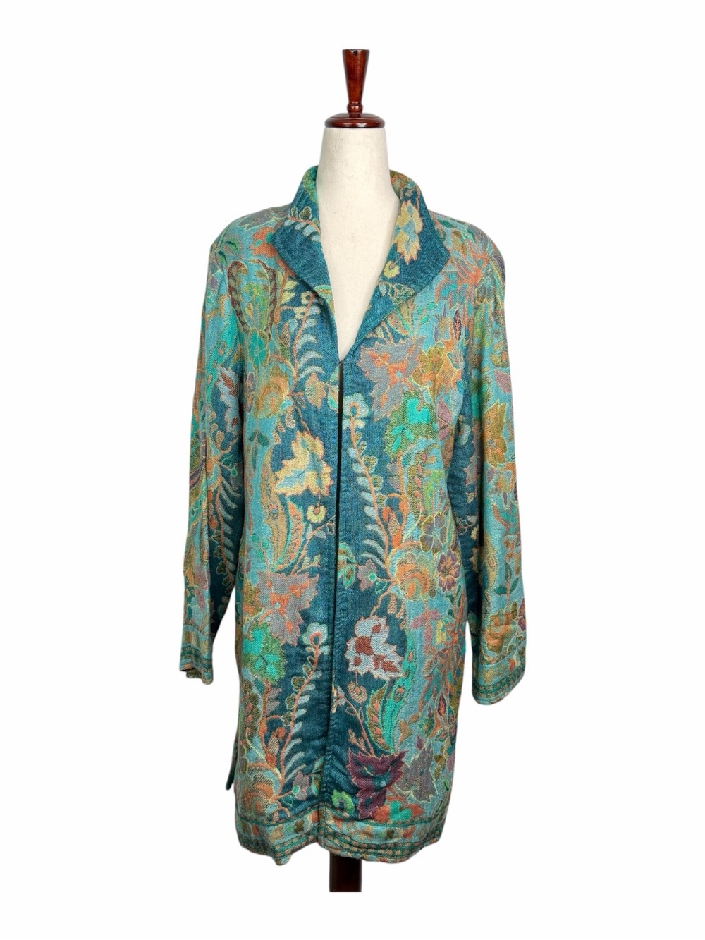 Soft Surroundings Women's M Teal Blue Paisley Floral Tapestry Open Jacket Boho